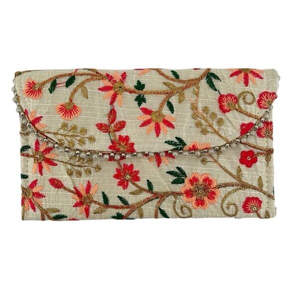 Women’s Handmade Floral Embroidered Traditional Indian Wedding Clutch Purse - Picture 1 of 7